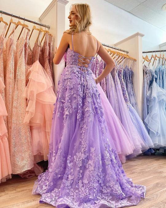 Charming A Line V-Neck Spaghetti Strap Sweetheart Light Purple Lace Long Prom Dresses