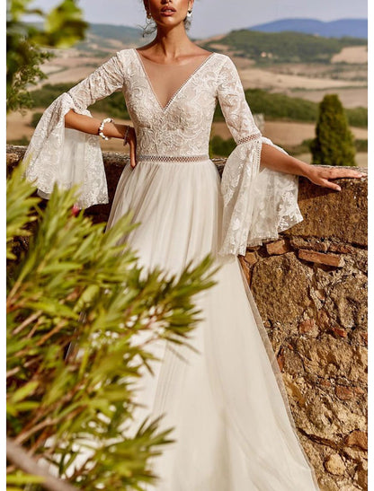 Fall November December Wedding Dresses A-Line V Neck Long Sleeve Sweep / Brush Train Lace Draping Fantastic Bridal Gowns