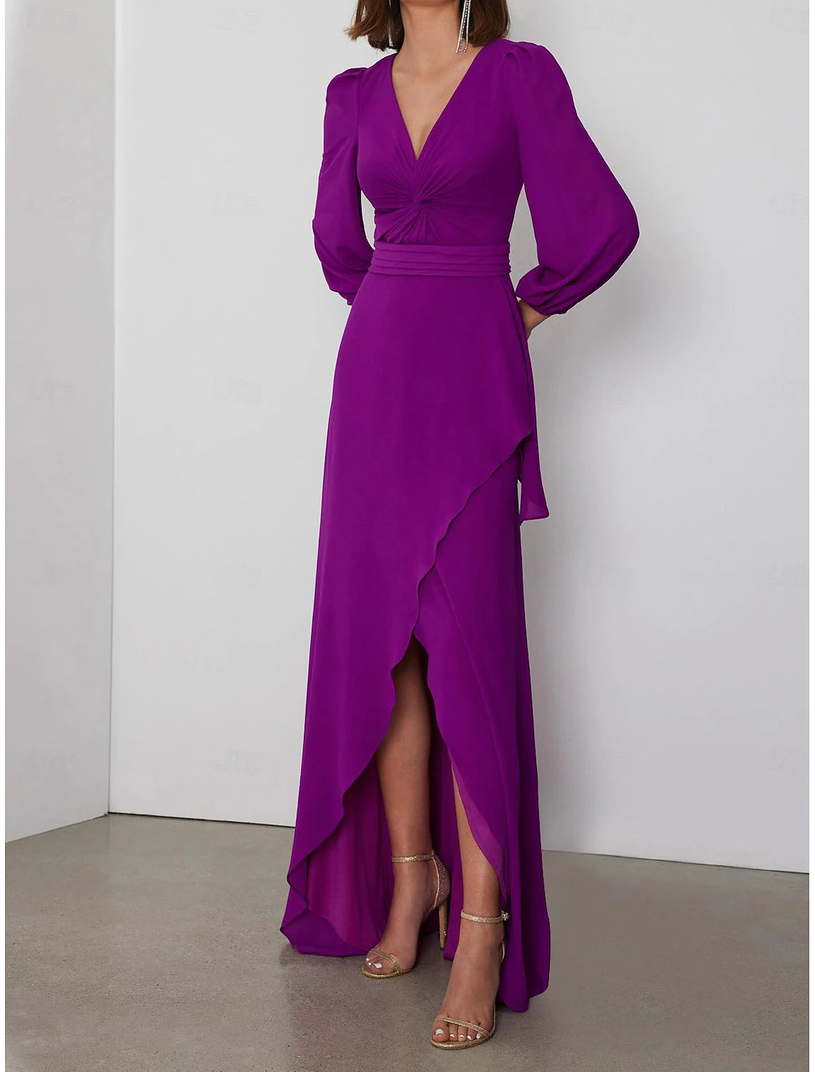 December Wedding Guest Dress A-Line Elegant Dress Formal Tie Floor Length Long Sleeve V Neck Chiffon Backless Cross Fall Wedding Party Dress