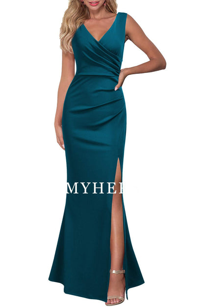 Formal Wear Dresses Prom Dress V Neck Sleeveless Pleated Split Evening Cocktail Long Dress Wedding Guest Dresses