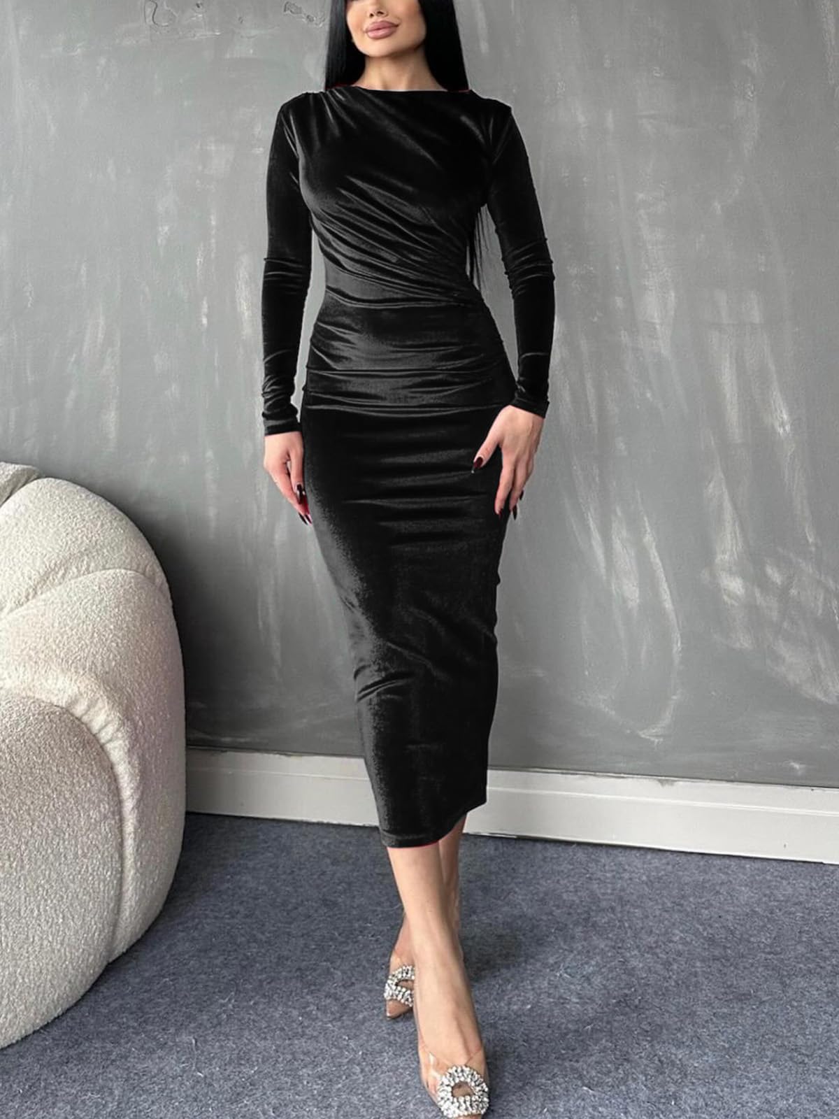 Wedding Guest Dresses Women's Velvet Bodycon Long Sleeve Ruched Slim Fit Dresses Formal Dresses Evening Dresses