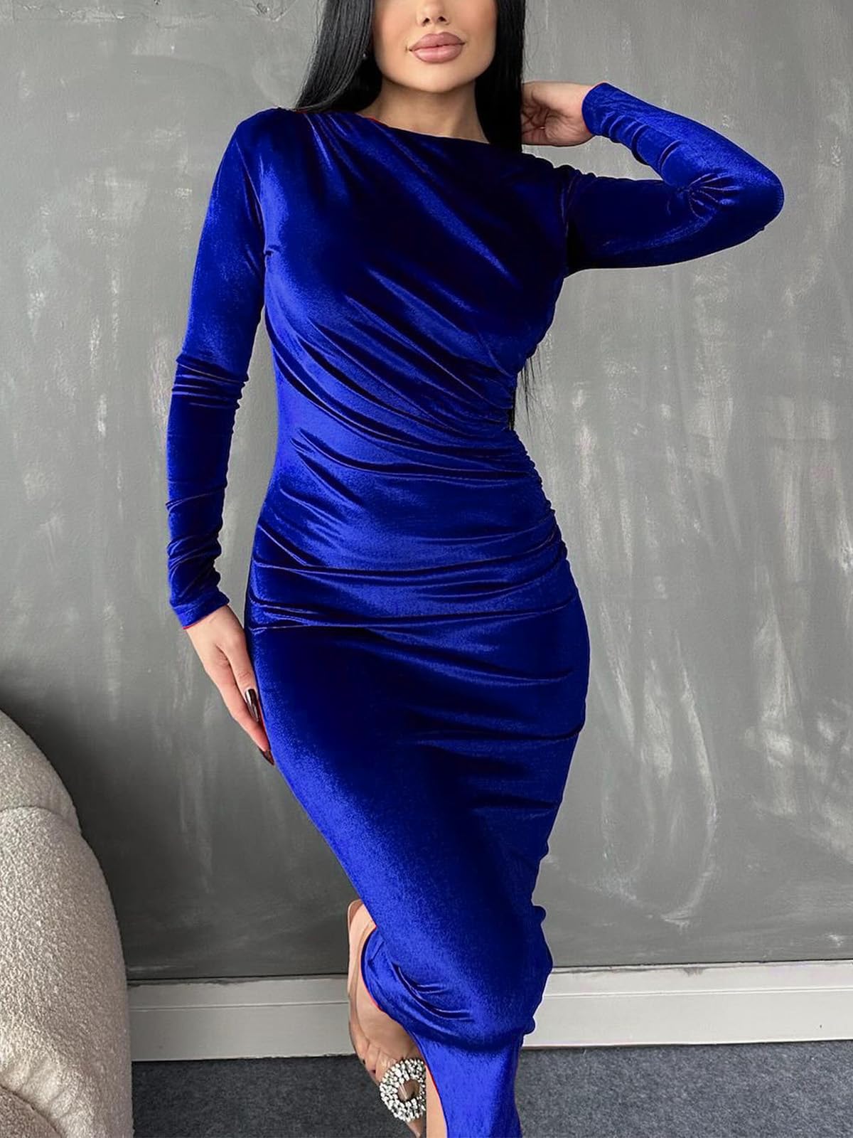 Wedding Guest Dresses Women's Velvet Bodycon Long Sleeve Ruched Slim Fit Dresses Formal Dresses Evening Dresses