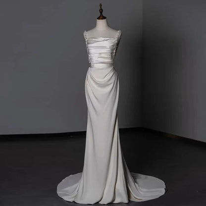 New Pattern Wedding Dress Sheath Long Satin Beadwork Ruched Fashion Elegant Formal Dresses