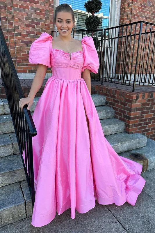Cute Ball Gown Square Neck Satin Prom Dresses With Bow
