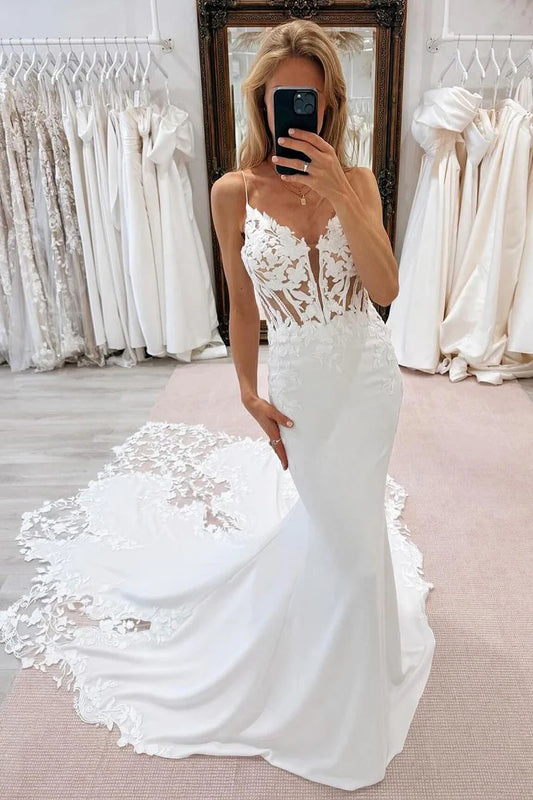 Bohemian Mermaid V Neck Spaghetti Strap Satin Back Buckle Wedding Dresses with Appliques