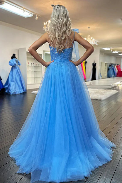 Cute A Line One Shoulder Blue Tulle Split Fork Prom Dress with Appliques