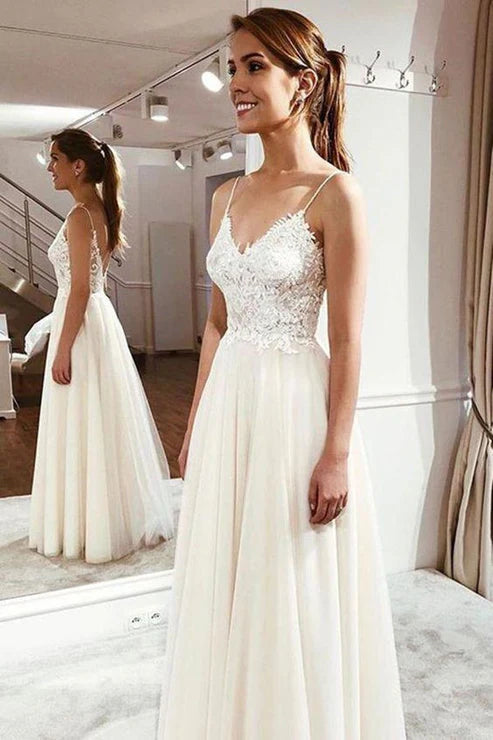 White Spaghetti Straps V-Neck Tulle Backless Long Wedding Gown