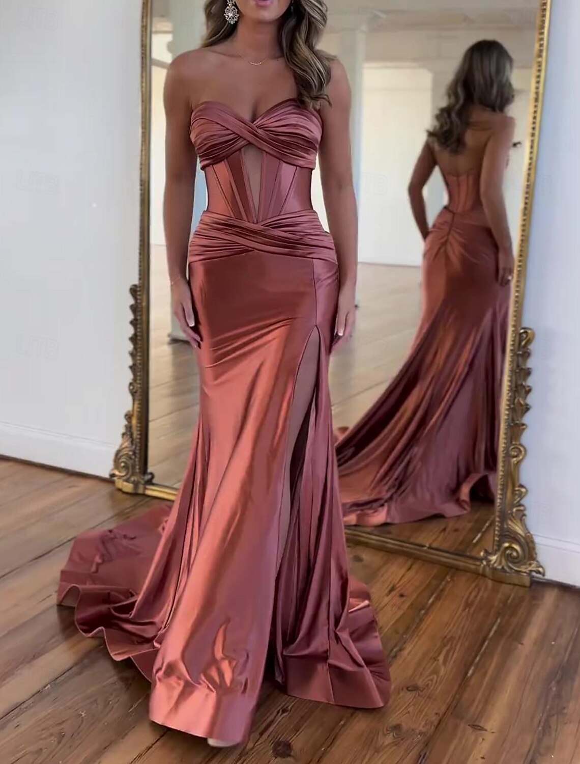 December Wedding Guest Dress A-Line Elegant Dress Formal Floor Length Sleeveless Strapless Satin with Ruched Slit Prom Dresses