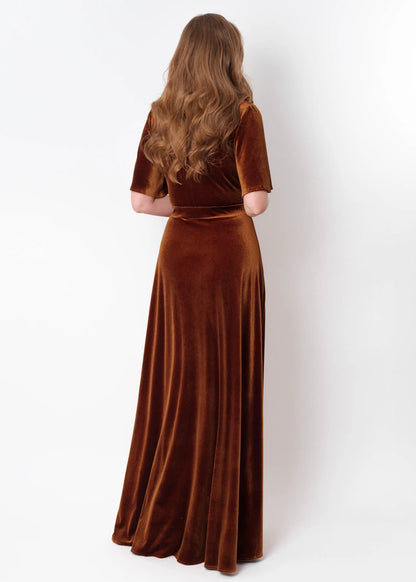 A-line Longuette Velvet Dress Round Neck Short Sleeves Elegant Formal Wear Dresses Wedding Guest Dress Evening Dress