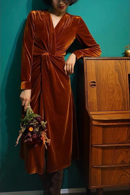 Velvet Dress V Neck Long Sleeves Luxury Formal Wear Dresses Wedding Guest Dress Evening Dress