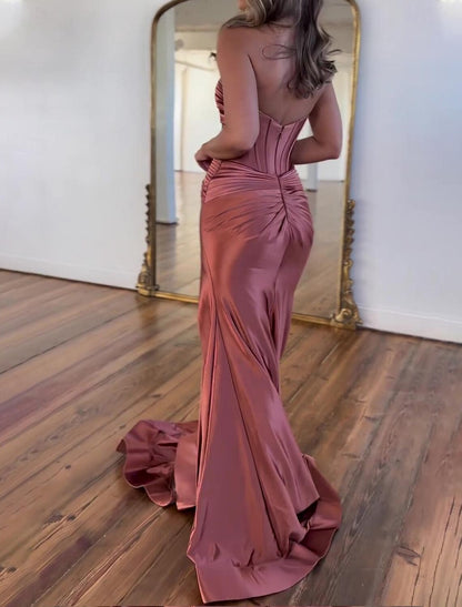 December Wedding Guest Dress A-Line Elegant Dress Formal Floor Length Sleeveless Strapless Satin with Ruched Slit Prom Dresses