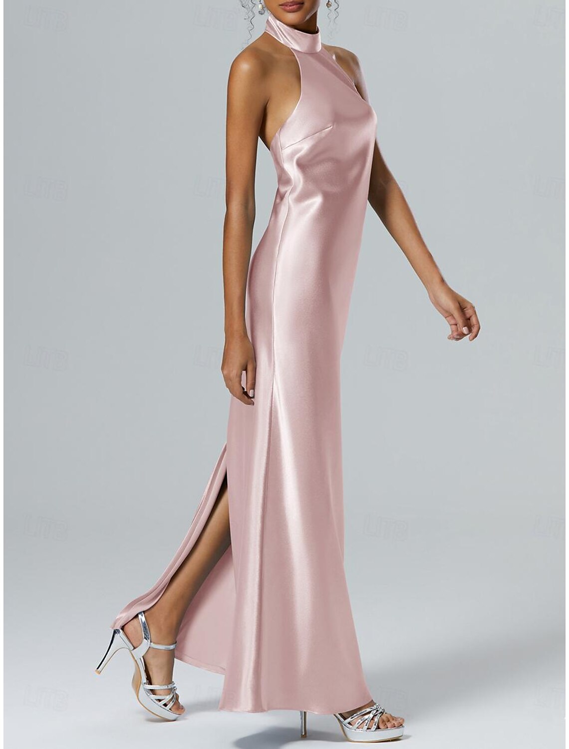 December Wedding Guest Dress Sheath / Column Elegant Dress Semi Formal Floor Length Sleeveless Halter Neck Imitation Silk with Slit Fall Wedding Party Dress