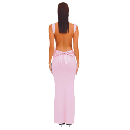 Wedding Guest Dresses Women's Sexy Cowl Neck Sleeveless Backless Maxi Dress Elegant Satin Bowknot Long Dress Floor Length Evening Gown Formal Dresses