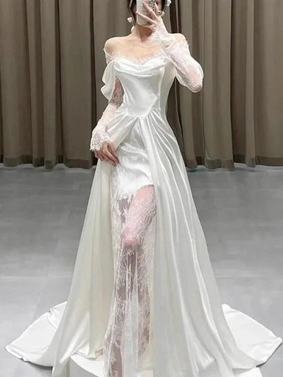 New Pattern Wedding Dress A Line Lace Long Sleeves Satin Long Formal Dresses