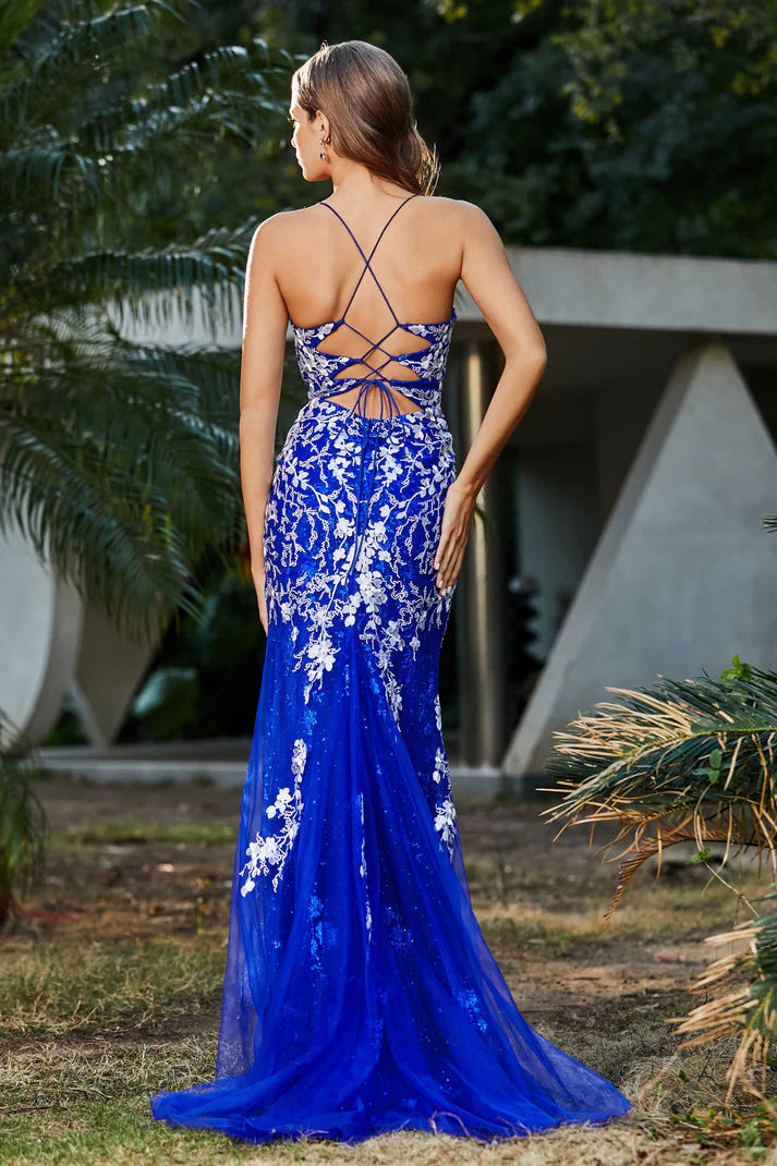 Prom Dresses V-neck Spaghetti Straps Mermaid Tulle Lace Applique Backless Lace Up Side Fork Sweep Train Formal Women's Dresses