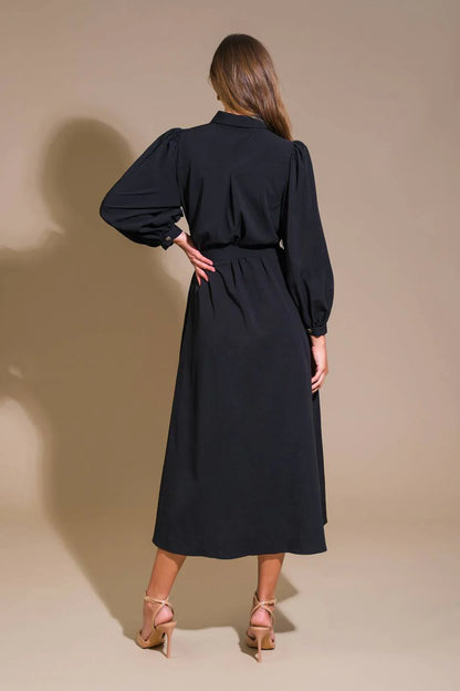 November December Wedding Guest Formal Dress Solid Woven Midi Dress Featuring Shirt Collar Long Sleeve Button Down Side Pockets Self Sash Tie Formal Prom Dress