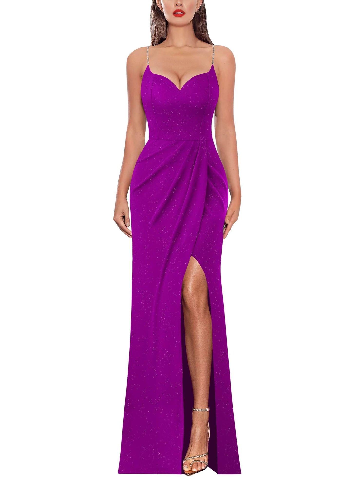 Wedding Guests Dresses Womens Sexy Formal Ruched Fitted High Slit Bodycon Maxi Dress Spaghetti Strap Sweetheart Cocktail Evening Gown Prom Dresses Formal Wear Dresses