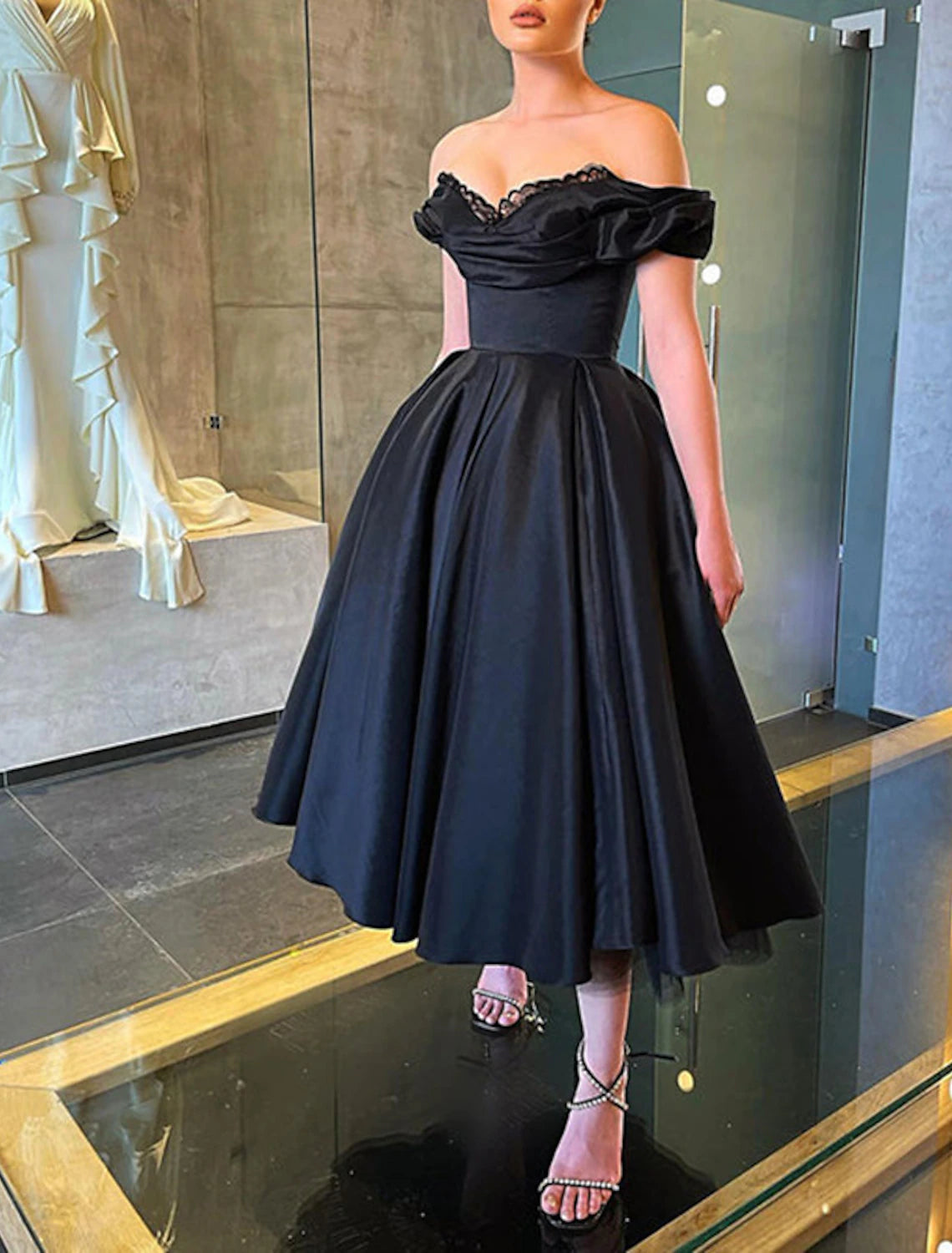 December Wedding Guest Dress A-Line Elegant Dress Masquerade Wedding Party Tea Length Short Sleeve Off Shoulder Fall Wedding Guest Satin with Ruched Prom Dresses