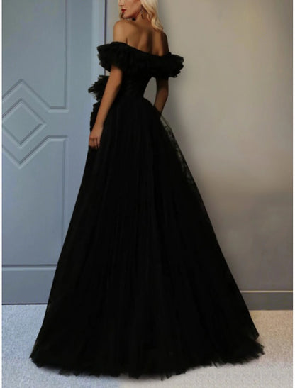 December Wedding Guest Dress A-Line Tiered Sweep / Brush Train Short Sleeve Off Shoulder Tulle Ruched Slit Prom Dresses