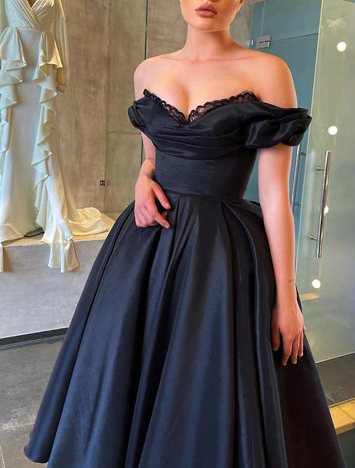 December Wedding Guest Dress A-Line Elegant Dress Masquerade Wedding Party Tea Length Short Sleeve Off Shoulder Fall Wedding Guest Satin with Ruched Prom Dresses