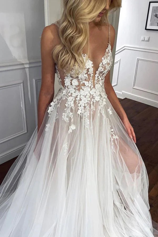 New Pattern Wedding Dress A Line V Neck Spaghetti Strap Lace Tulle Appliques Side Fork Formal Dresses