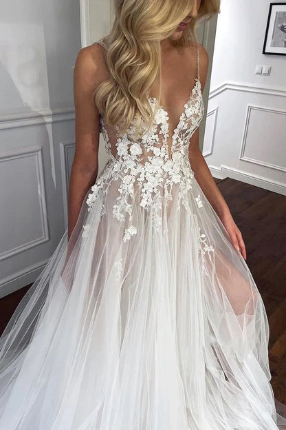 New Pattern Wedding Dress A Line V Neck Spaghetti Strap Lace Tulle Appliques Side Fork Formal Dresses