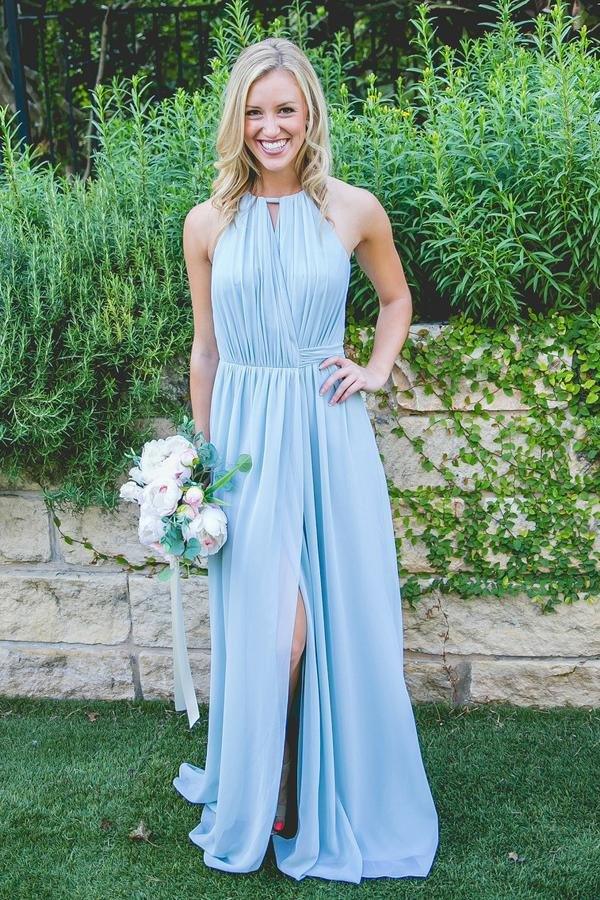 Floor-Length High Split Blue Chiffon Sleeveless Bridesmaid Dress