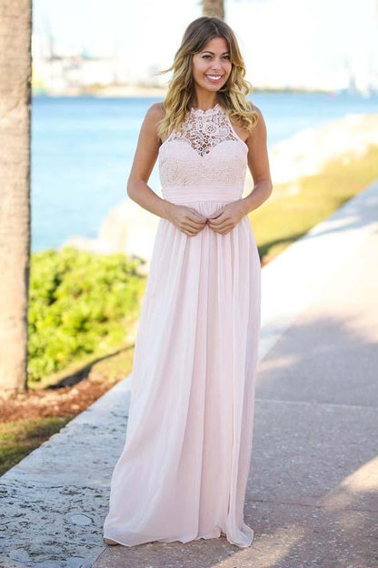 Floor-Length Open Back Pink Chiffon Bridesmaid Dress with Lace