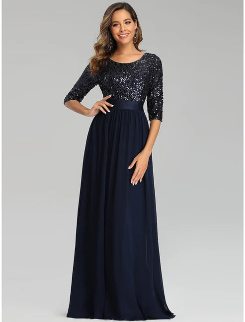 A-Line Elegant Wedding Guest Formal Evening Dress Jewel Neck 3/4 Length Sleeve Floor Length Tulle Sequined with Sequin