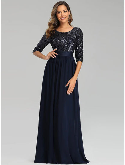 A-Line Elegant Wedding Guest Formal Evening Dress Jewel Neck 3/4 Length Sleeve Floor Length Tulle Sequined with Sequin