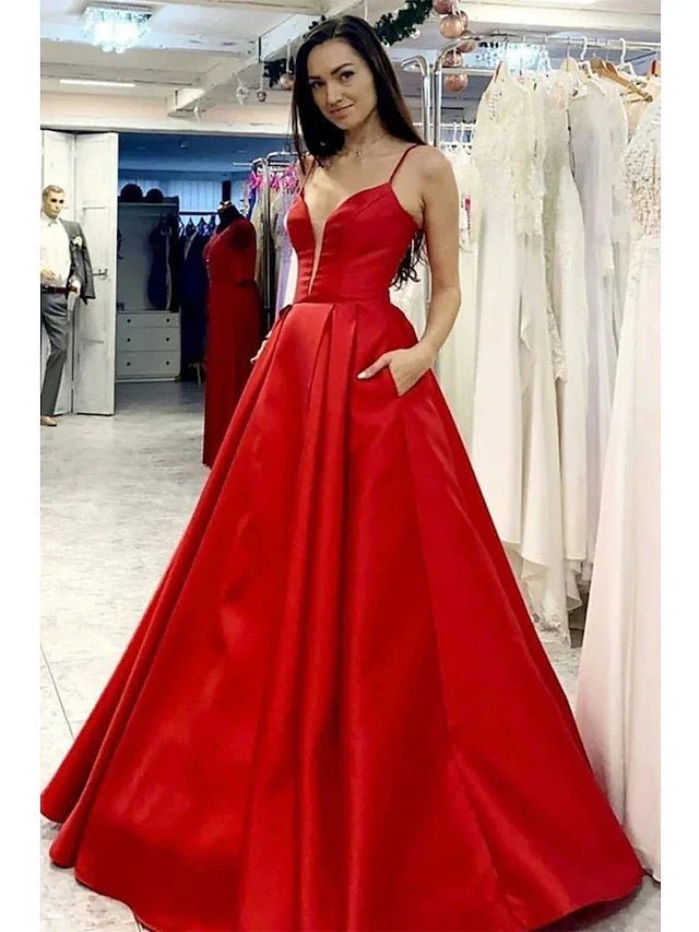 A-Line Prom Dresses Minimalist Dress Formal Floor Length Sleeveless V Neck Pocket Satin with Pleats