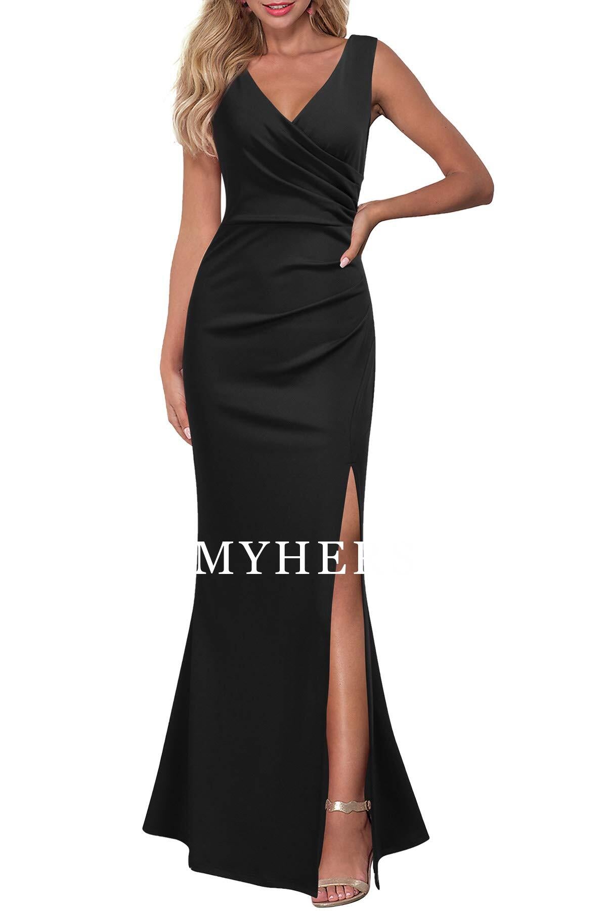 Formal Wear Dresses Prom Dress V Neck Sleeveless Pleated Split Evening Cocktail Long Dress Wedding Guest Dresses