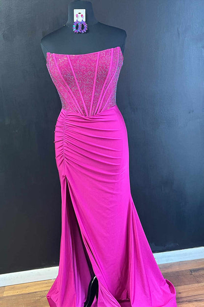 Sheath Mermaid Strapless Sweep/Brush Train Dresses Beaded Pleated Long Prom Dress