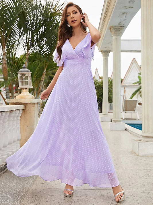 A-Line Wedding Guest Dresses Elegant Dress Party Wear Ankle Length Short Sleeve V Neck Chiffon with Ruffles Strappy