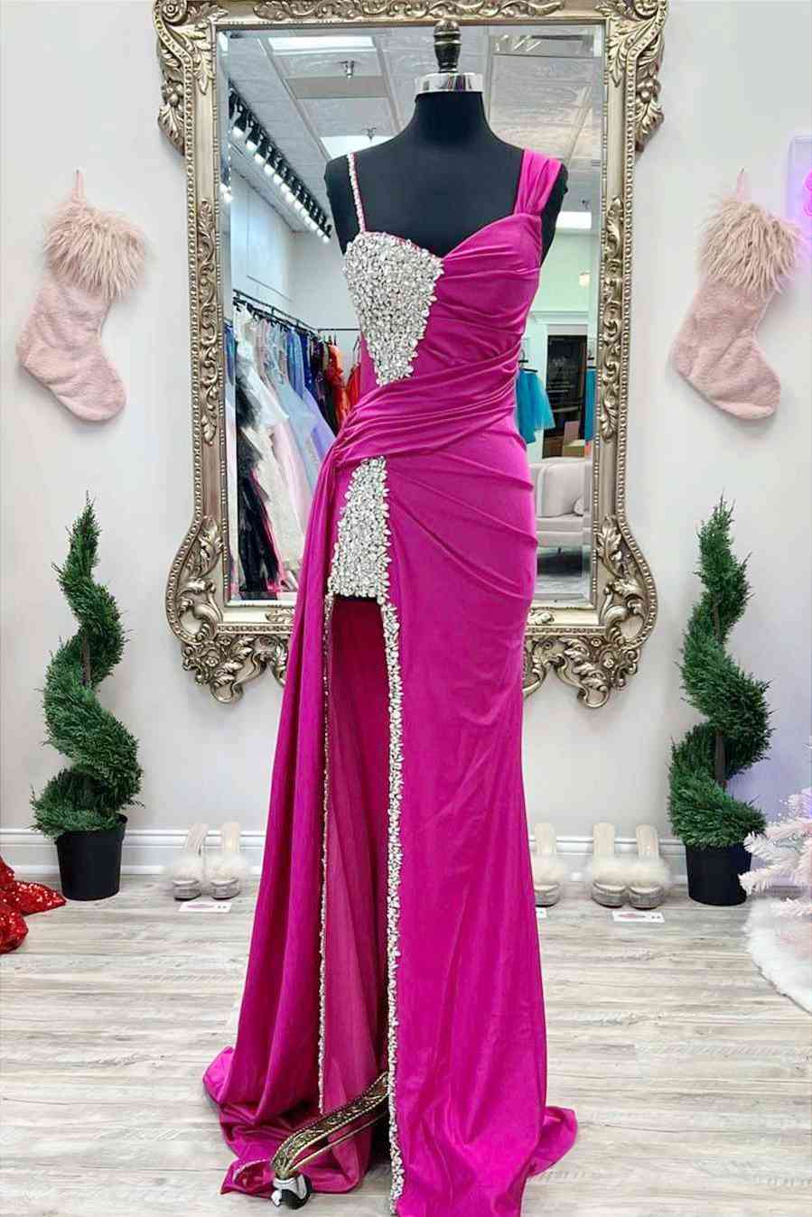 Sweep/Brush Train Dresses  Fuchsia Beaded Long Prom Dress
