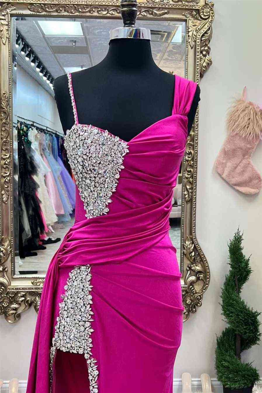 Sweep/Brush Train Dresses  Fuchsia Beaded Long Prom Dress