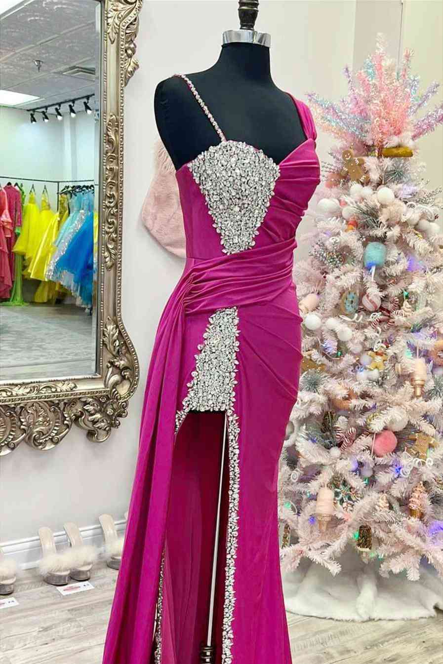 Sweep/Brush Train Dresses  Fuchsia Beaded Long Prom Dress
