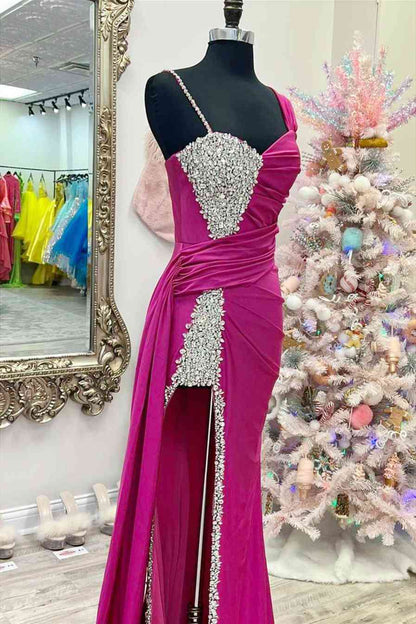 Sweep/Brush Train Dresses  Fuchsia Beaded Long Prom Dress