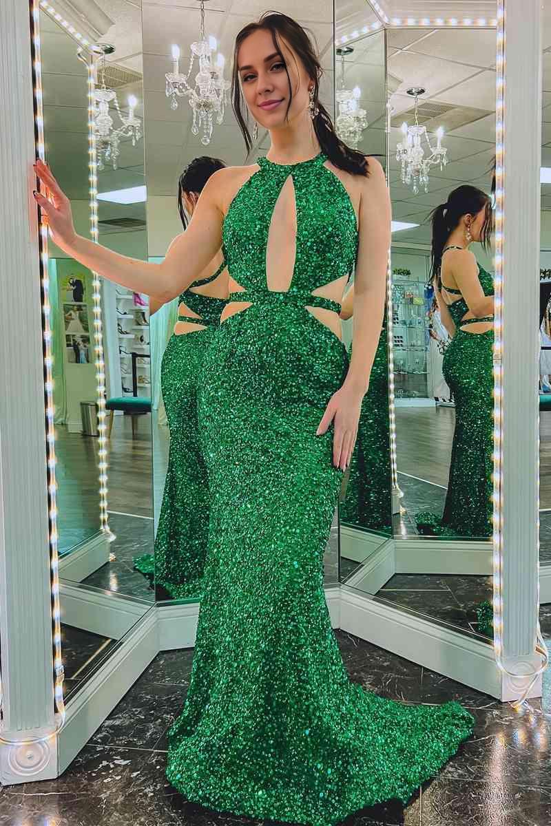 Sheath Mermaid Green Sweep/Brush Train Dresses Sparking Sequins Long Prom Dress