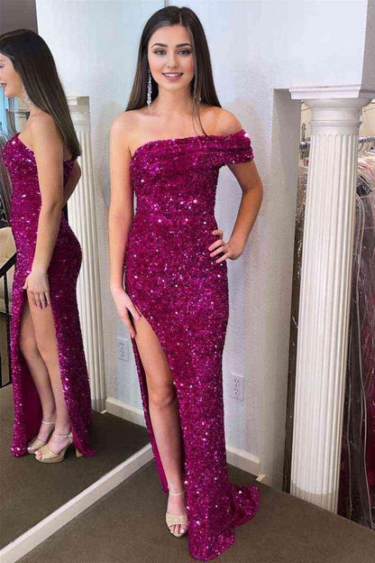 Sweep/Brush Train Dresses Pleated One Shoulder Shine Sequins Long Party Dress with Slit