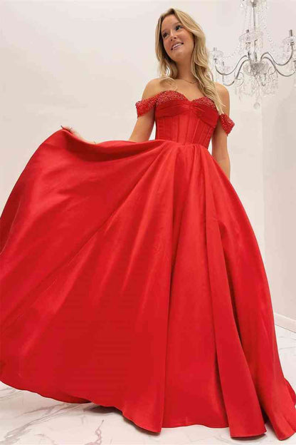 A-Line Sweep/Brush Train Dresses Corset Cap Sleeve Off-the-Shoulder  Beaded Prom Gown