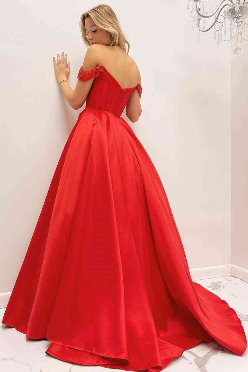 A-Line Sweep/Brush Train Dresses Corset Cap Sleeve Off-the-Shoulder  Beaded Prom Gown