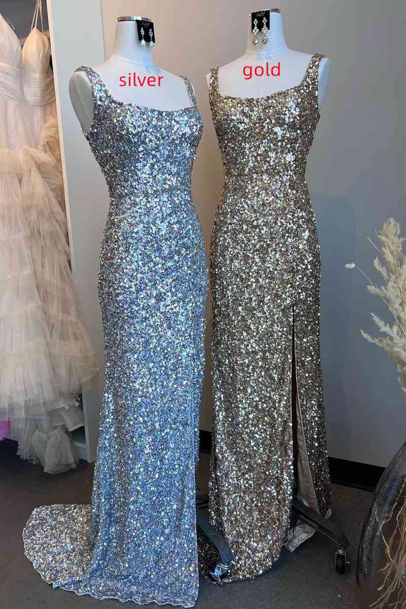 Sheath Mermaid Sweep/Brush Train Dresses Shine Sequins Long  Square Neck Prom Dress with High Slit