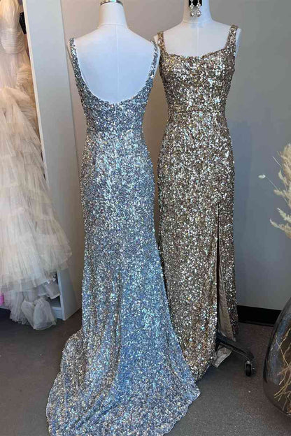 Sheath Mermaid Sweep/Brush Train Dresses Shine Sequins Long  Square Neck Prom Dress with High Slit