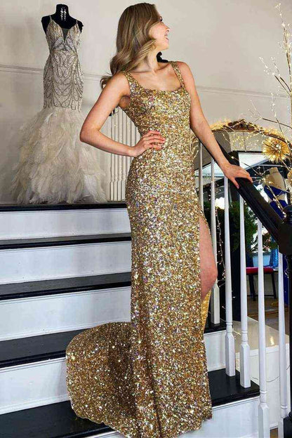 Sheath Mermaid Sweep/Brush Train Dresses Shine Sequins Long  Square Neck Prom Dress with High Slit