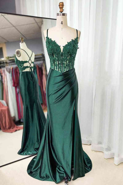 Sheath Mermaid Emerald Green  Sweep/Brush Train Dresses Straps Ruched Prom Dress with Slit