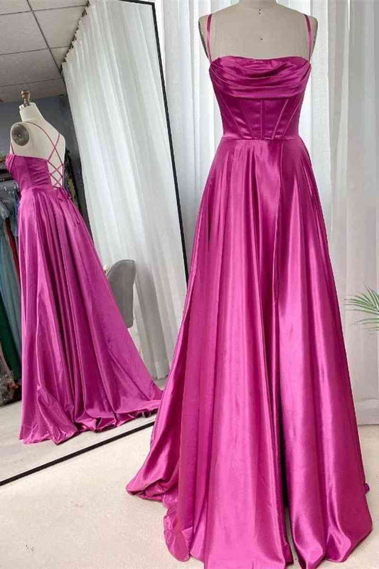 A-Line Long Spaghetti Straps  Sweep/Brush Train Dresses Fuchsia Ruched Prom Dress