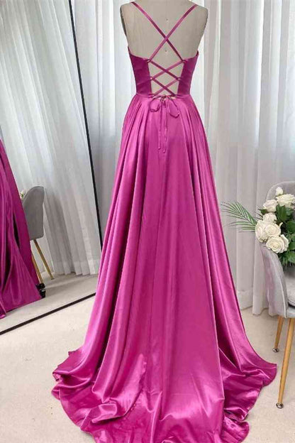 A-Line Long Spaghetti Straps  Sweep/Brush Train Dresses Fuchsia Ruched Prom Dress