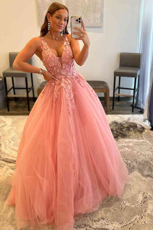 A-Line Princess Coral Pink Floor Length V-Neck Long Prom Dress with Appliques