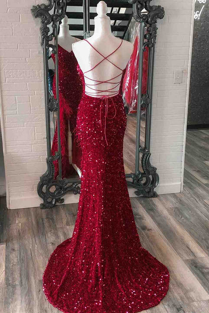 Sheath Mermaid Shine Sequins Lace-Up Sweep/Brush Train Dresses Open Back Long Prom Dress with Feathers